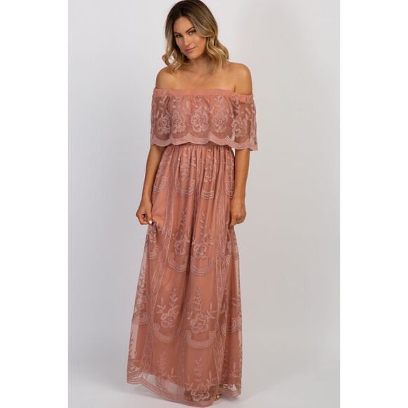 Dress Day Floral Lace Mesh Overlay Off Shoulder Maxi Dress sz S Romantic Princes - Picture 1 of 9